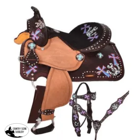 12" Double T youth barrel style saddle set with hand painted cross and horseshoe design.