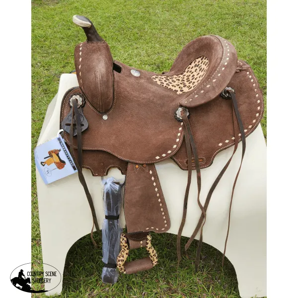 12" Double T  Youth Hard Seat Barrel style saddle with Cheetah Seat