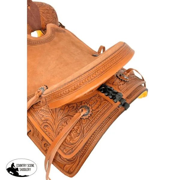 13" Youth Roping Style Western Hard Seat Saddle with floral tooling. (Semi-QH Bars)