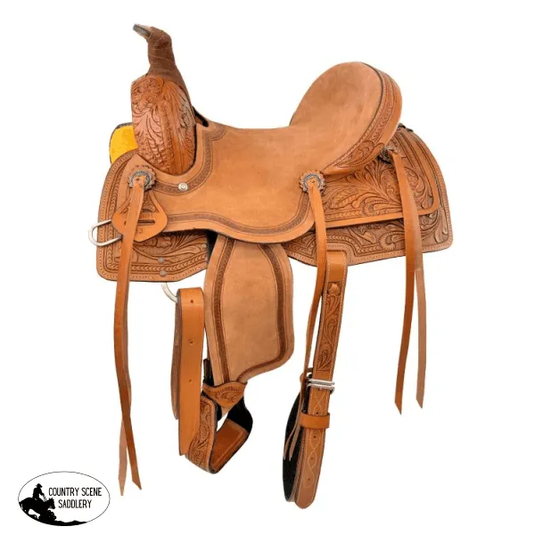 13" Youth Roping Style Western Hard Seat Saddle with floral tooling. (Semi-QH Bars)