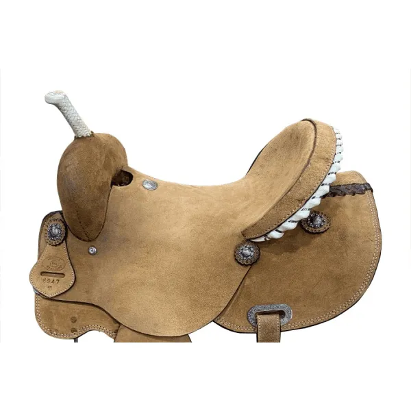 15", 16" Circle S Barrel Style Rought Out Saddle with rawhide accents.