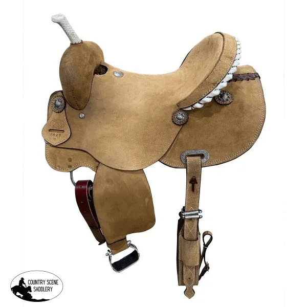 15", 16" Circle S Barrel Style Rought Out Saddle with rawhide accents.