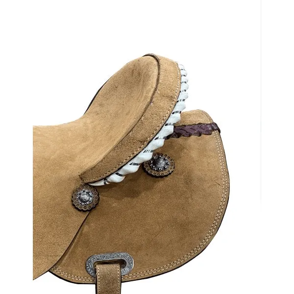 15", 16" Circle S Barrel Style Rought Out Saddle with rawhide accents.