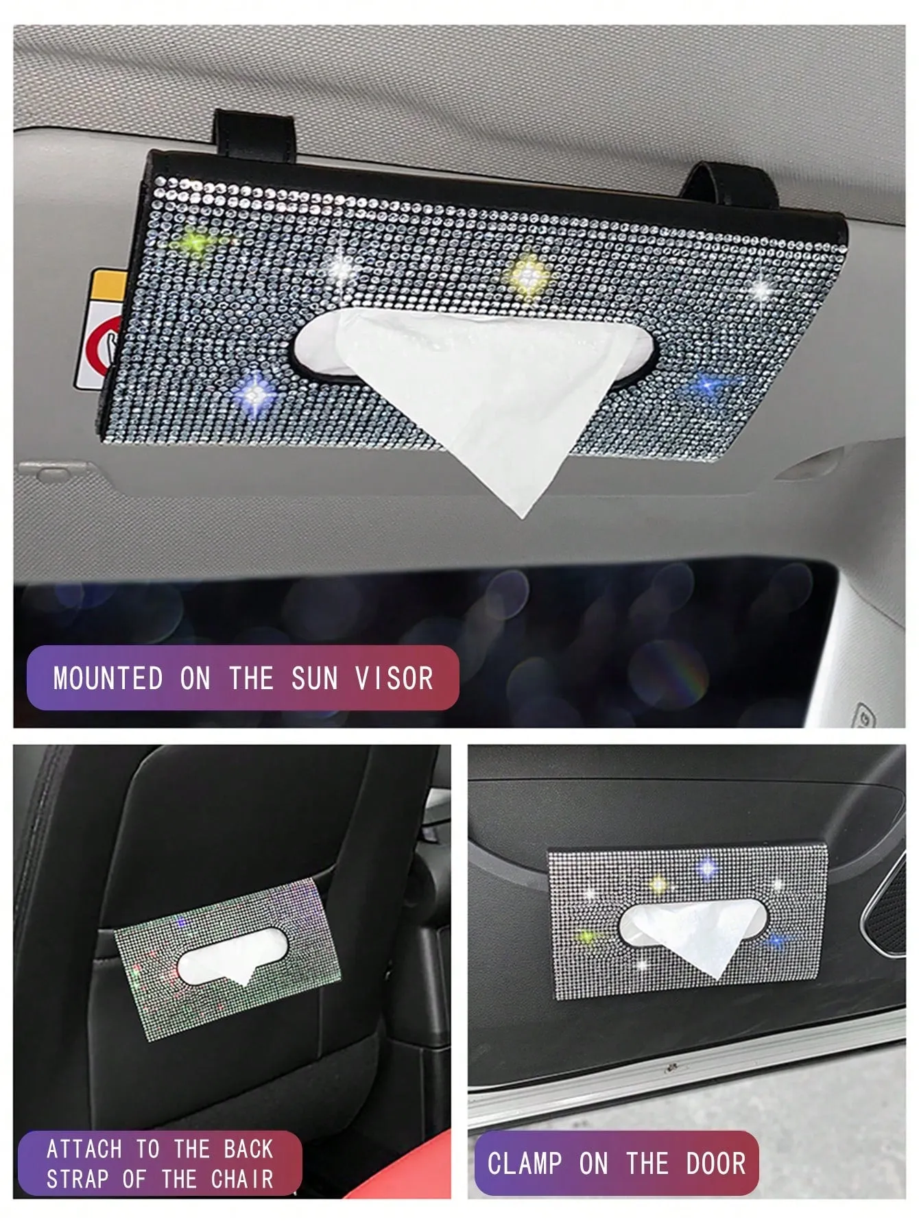 1pc Rhinestone Decor PU Car Sun Visor Tissue Box