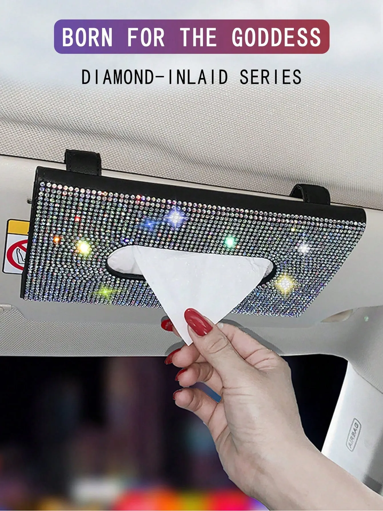 1pc Rhinestone Decor PU Car Sun Visor Tissue Box