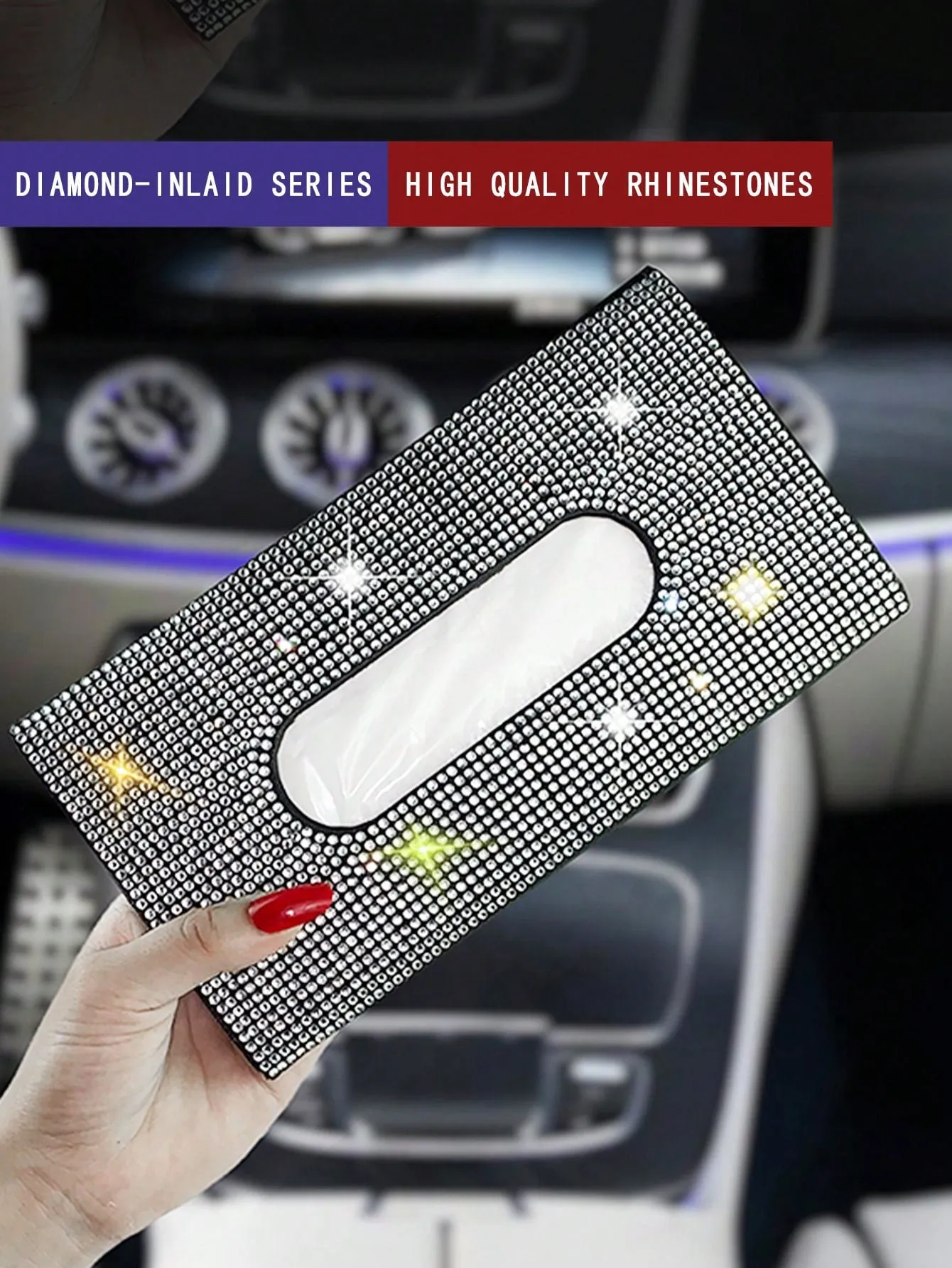 1pc Rhinestone Decor PU Car Sun Visor Tissue Box