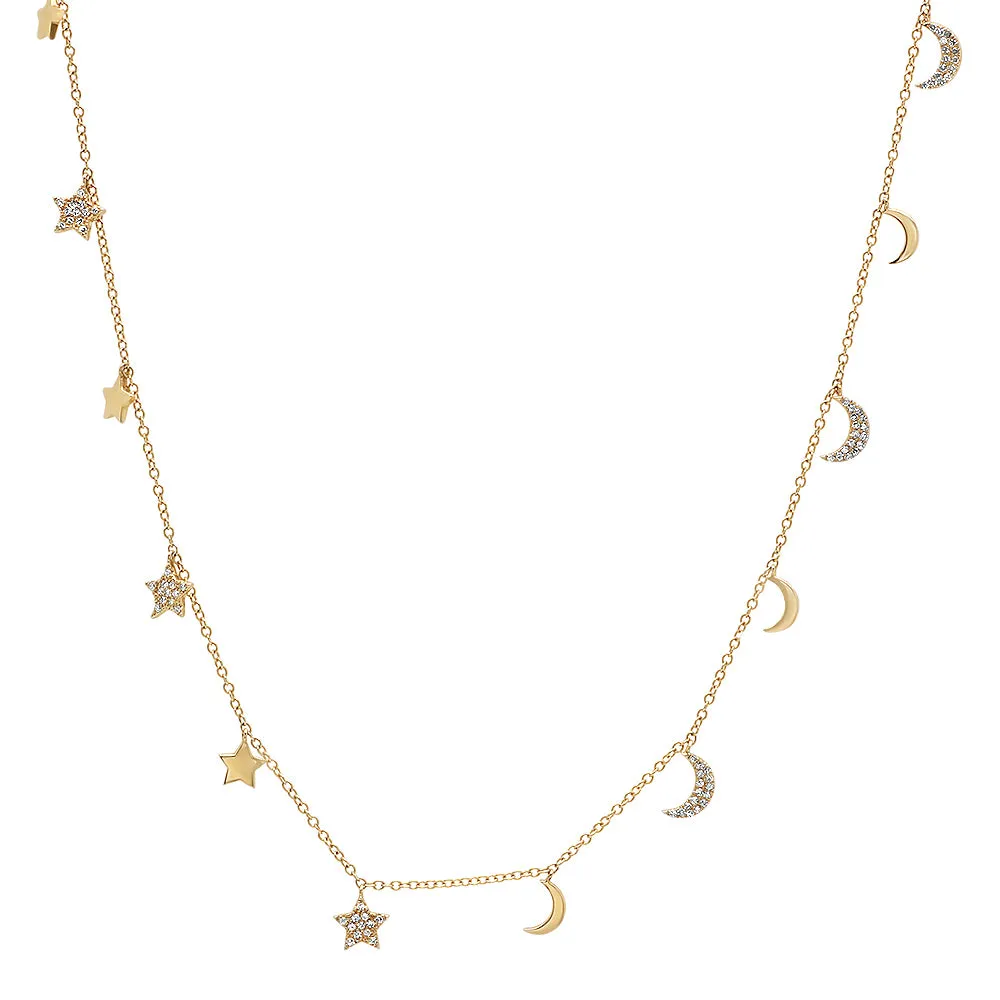 30" Diamond Moon & Star Long Necklace