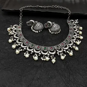 Bhavi Jewel Oxidised Plated Crystal Stone Necklace Set