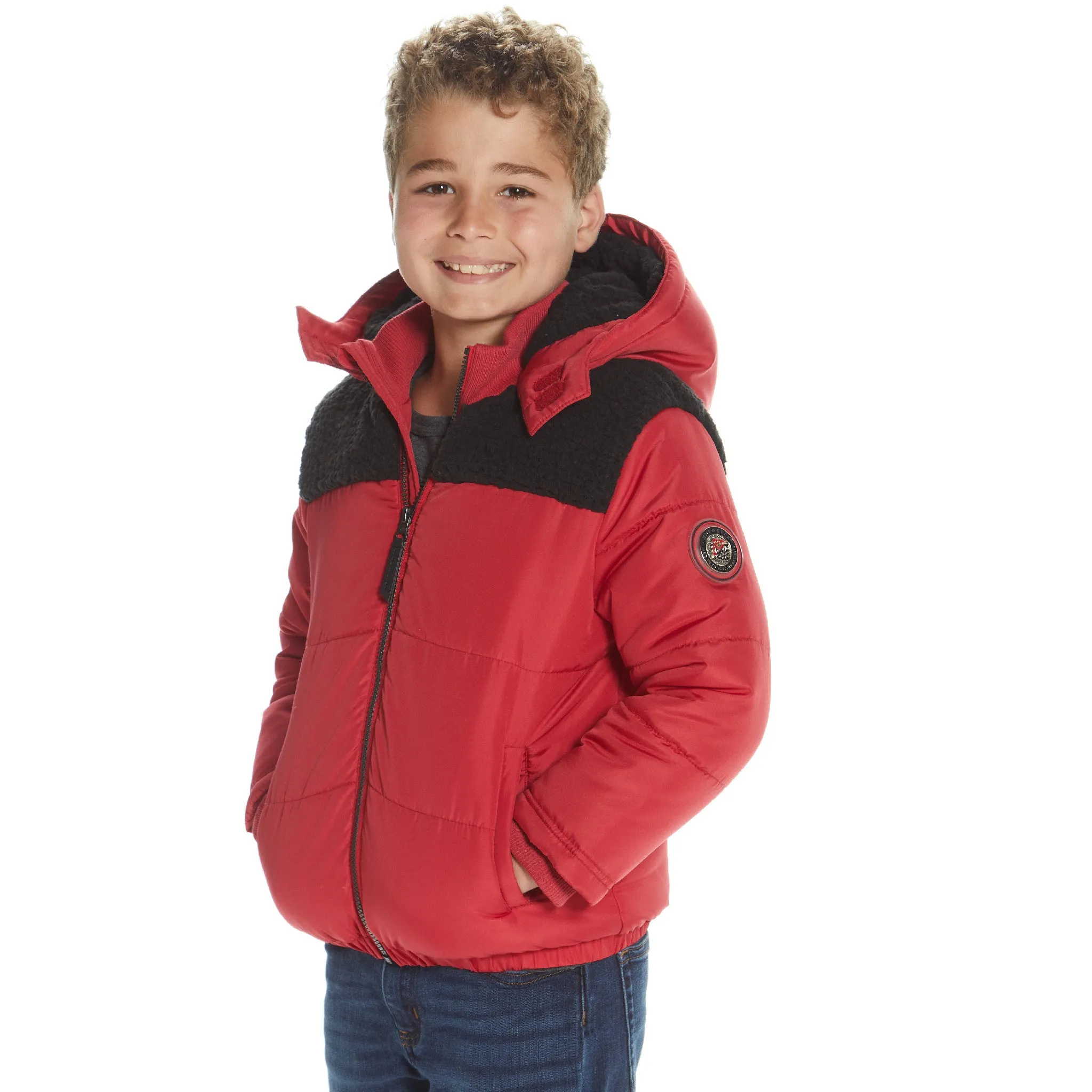 Boys Red Sherpa Shoulder Puffer Coat