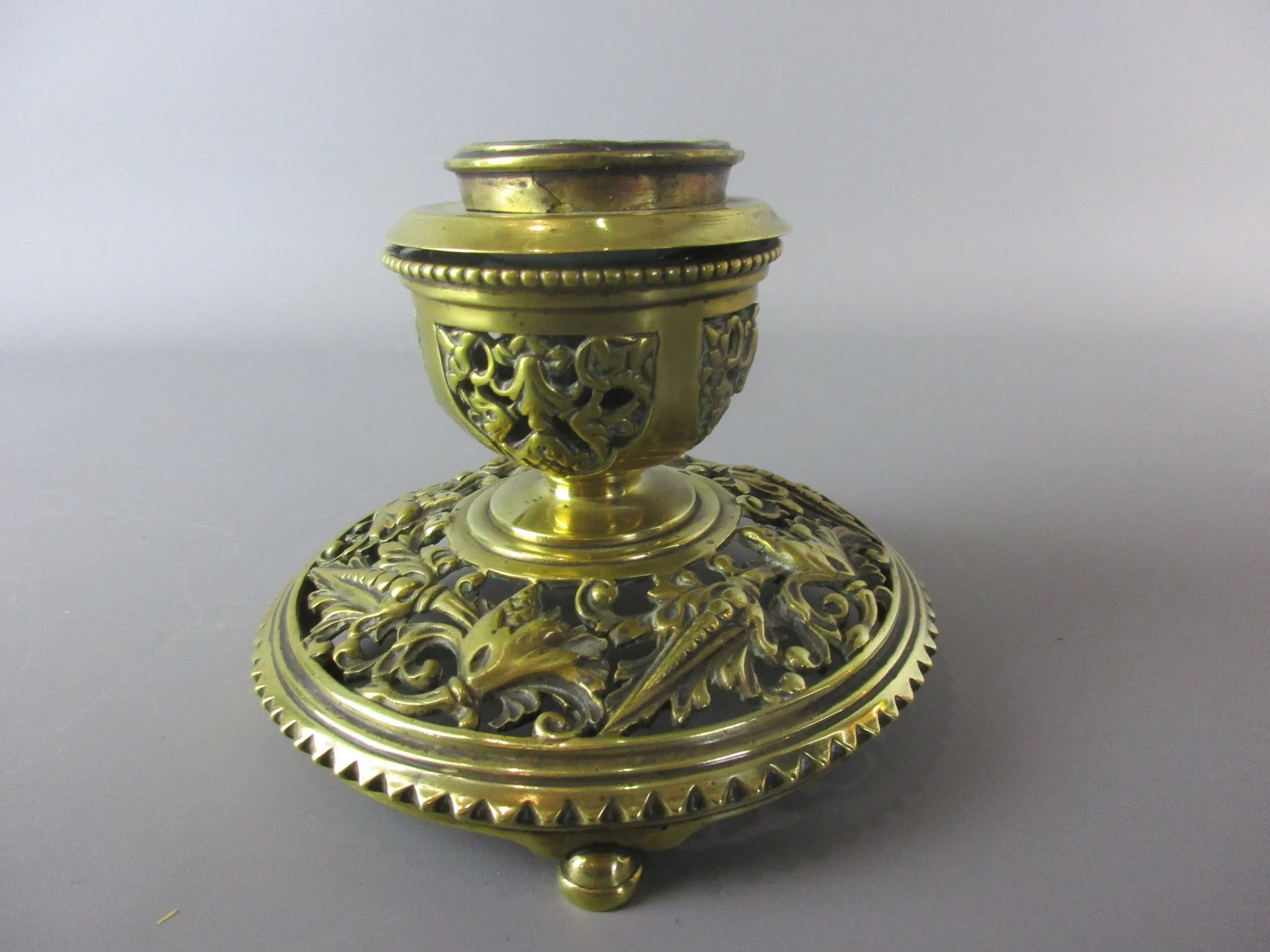 Brass Inkwell With Original Ceramic Liner Antique Late 19th Century