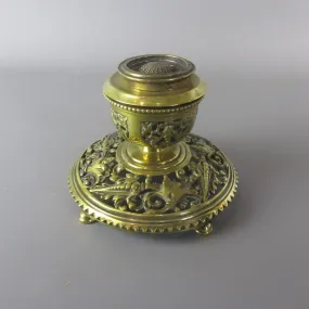 Brass Inkwell With Original Ceramic Liner Antique Late 19th Century