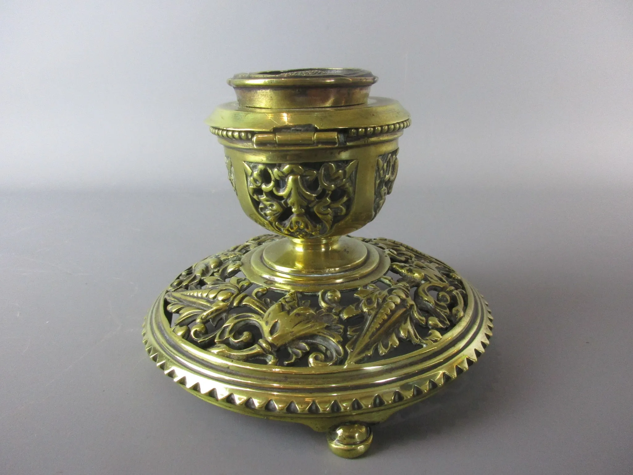 Brass Inkwell With Original Ceramic Liner Antique Late 19th Century