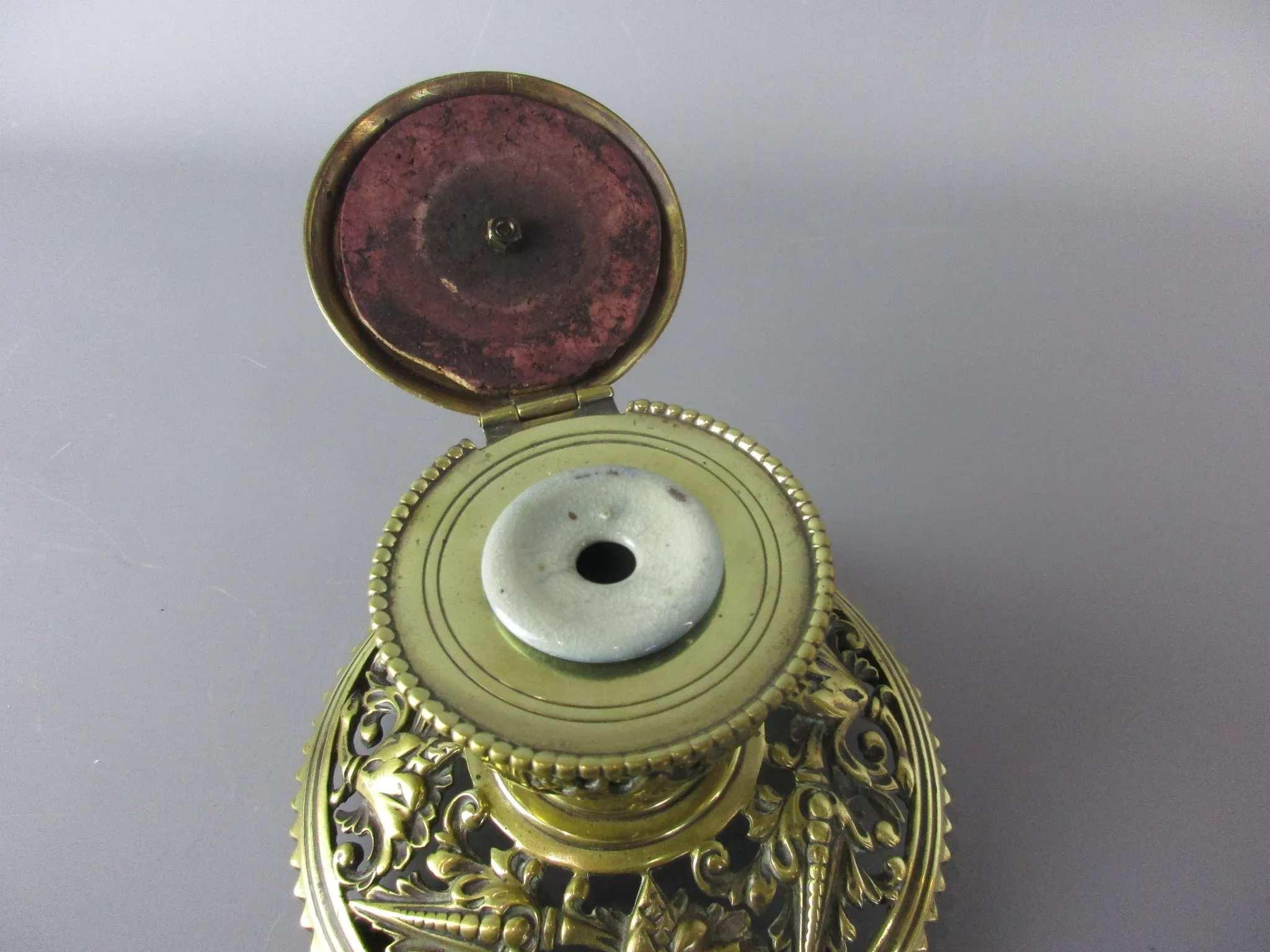 Brass Inkwell With Original Ceramic Liner Antique Late 19th Century