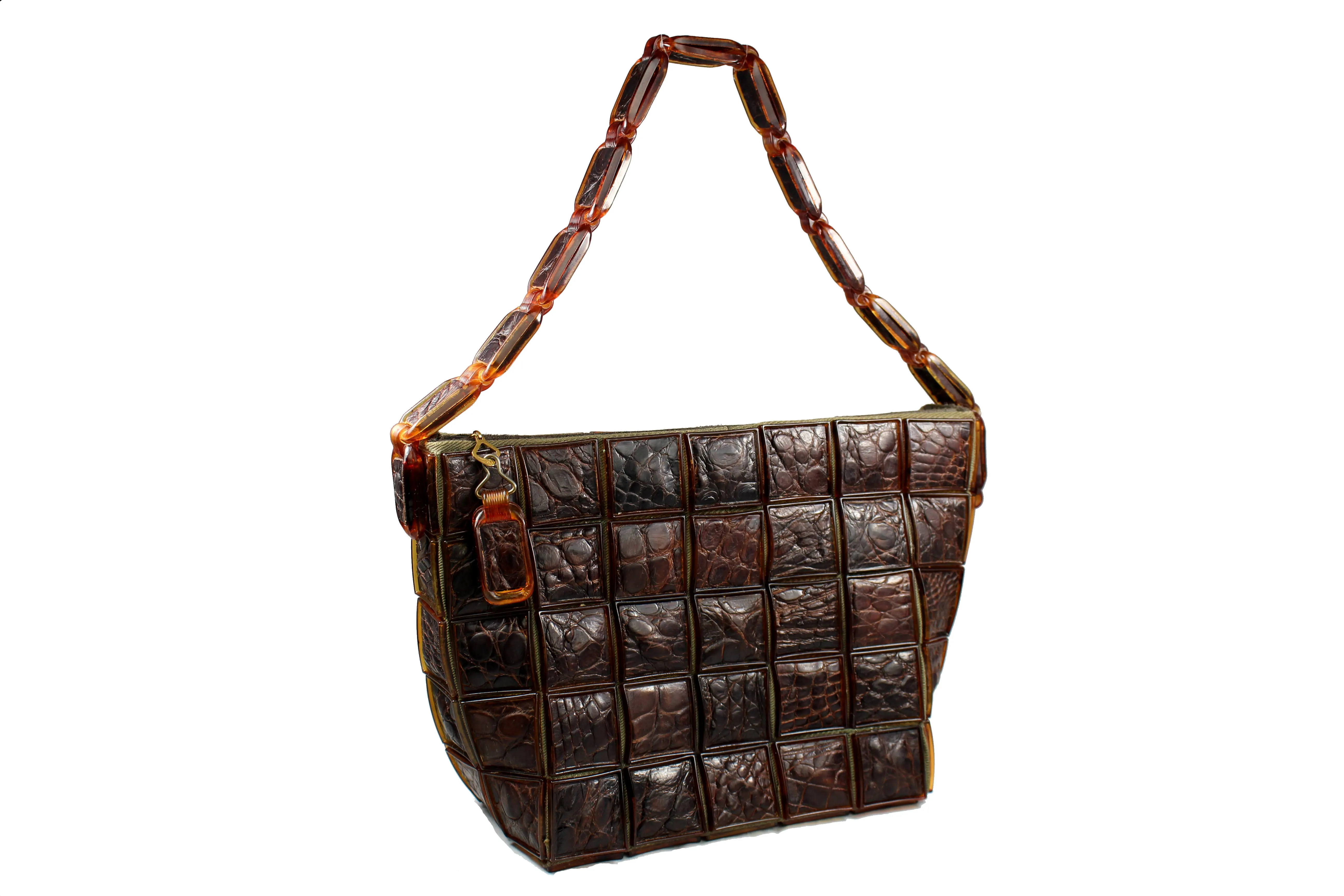 brown handbag in crocodile skin tiles