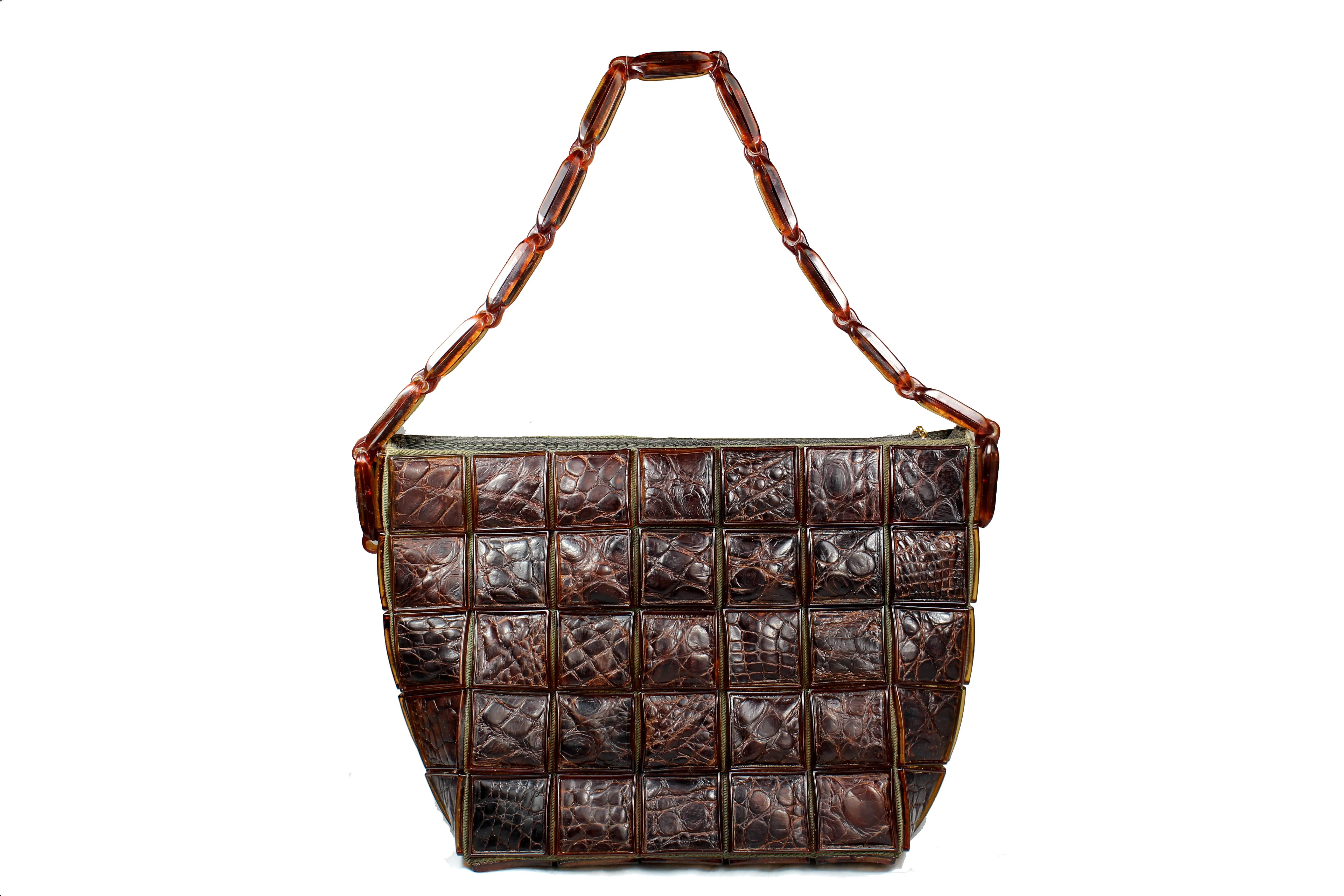 brown handbag in crocodile skin tiles