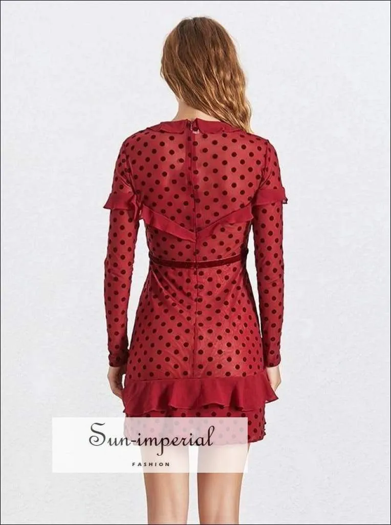 Bug Dress- Polka Dot Dress V Neck Long Sleeve High Waist Ruffles Sheer Mini Party Dresses