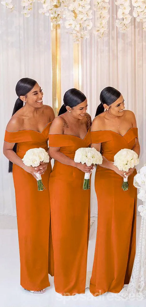 Burnt Orange Mermaid Off the Shoulder High Slit V-neck Bridesmaid Dresses Gown, WG1033