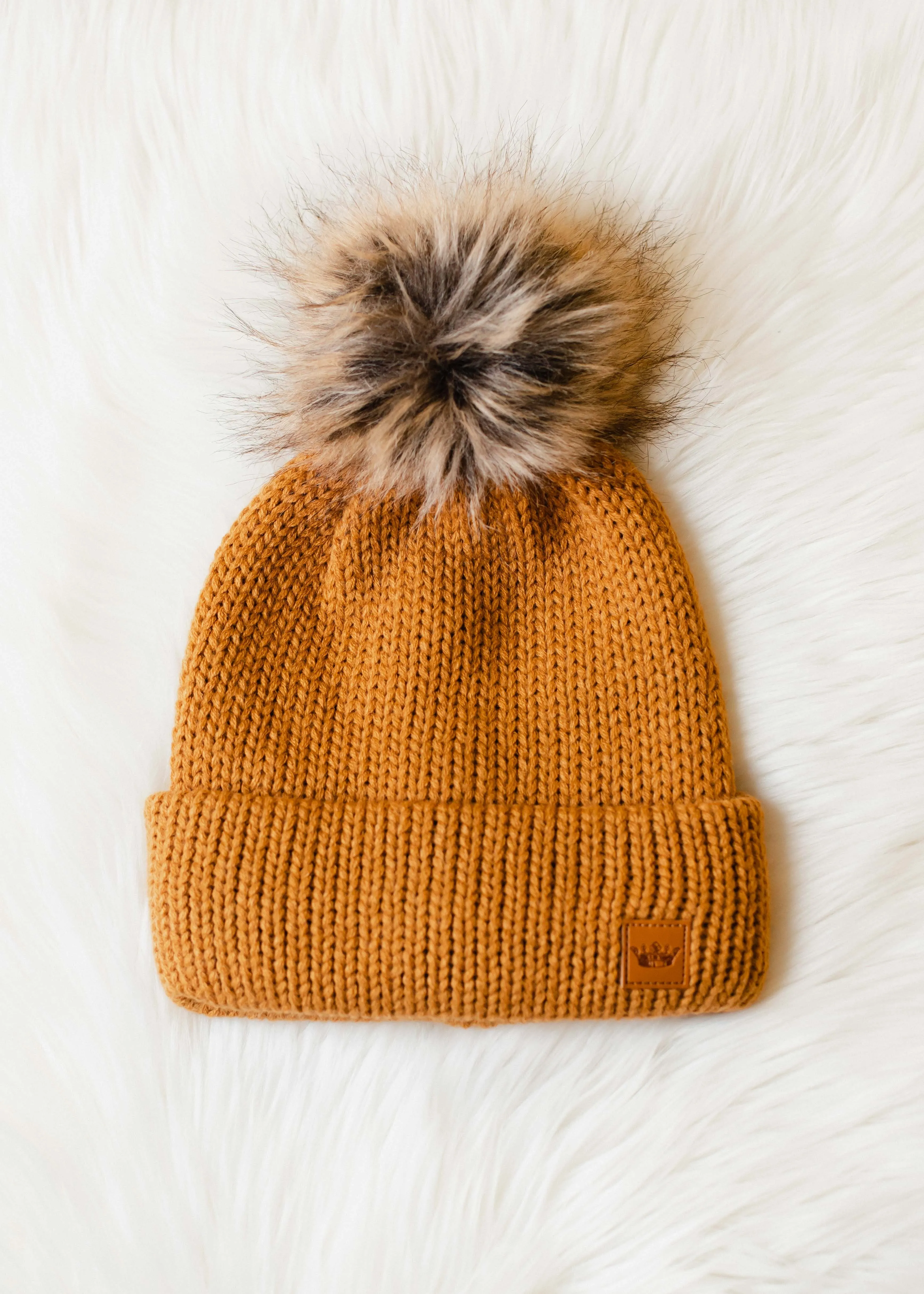 Camel Cable Knit Pom Beanie