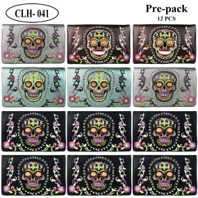 CLH-041  American Bling Sugar Skull Clutch Pre-Pack Assorted Color (12PCS)