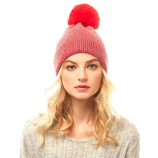 Cozy Metallic Thread Pom Pom Beanie Hat