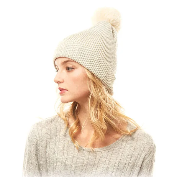 Cozy Metallic Thread Pom Pom Beanie Hat