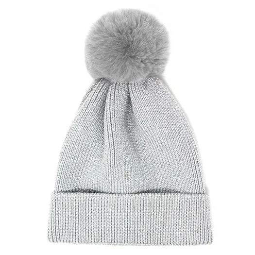 Cozy Metallic Thread Pom Pom Beanie Hat