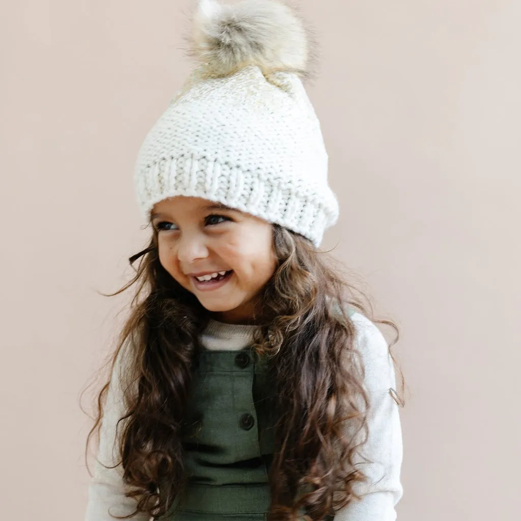 Cream and Gold Pearl Metallic Hat with Fur Pom