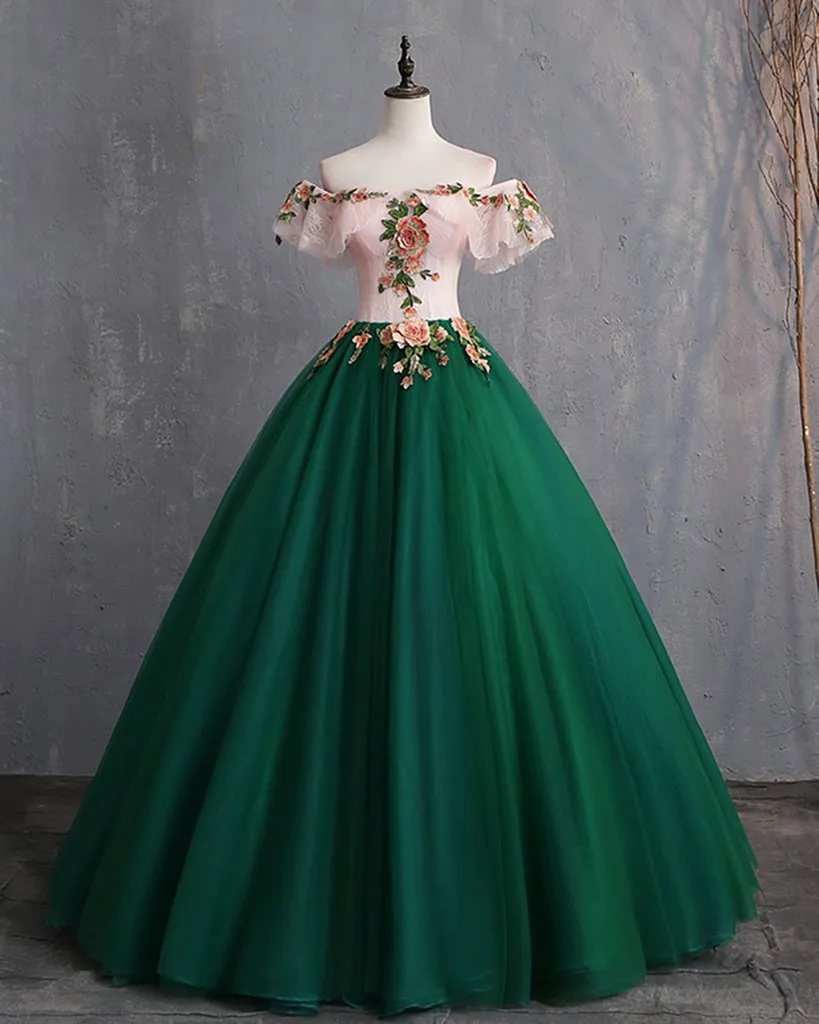 Deep Green Tulle Off Shoulder Long Customize Prom Dress, Evening Dress With Sleeve KS7482