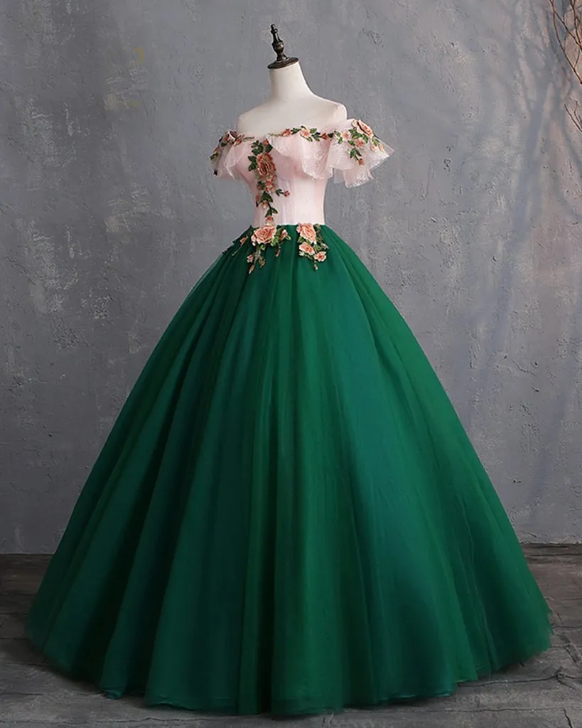 Deep Green Tulle Off Shoulder Long Customize Prom Dress, Evening Dress With Sleeve KS7482