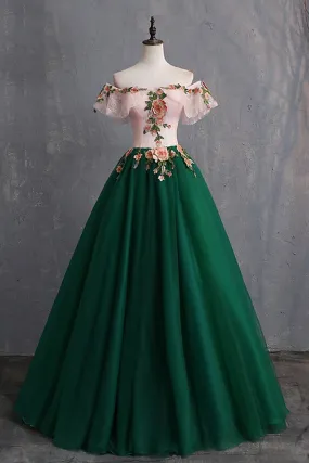 Deep Green Tulle Off Shoulder Long Customize Prom Dress, Evening Dress With Sleeve KS7482