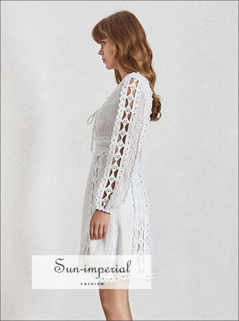 Doa Lipa Dress- Black and White Solid Elegant Lace Mini Dresses V Neck Long Sleeve High Waist