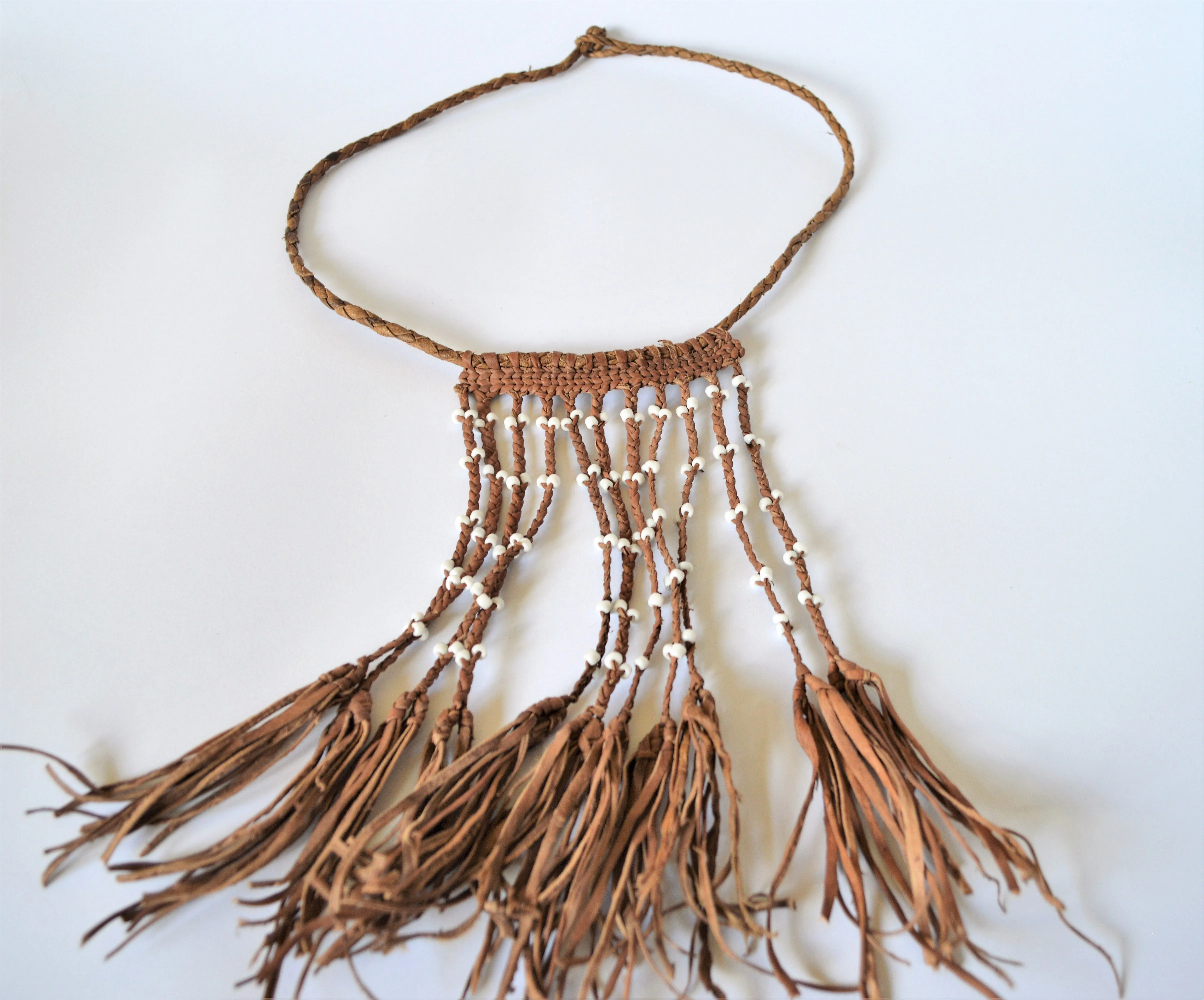 Egyptian leather necklace with white beads