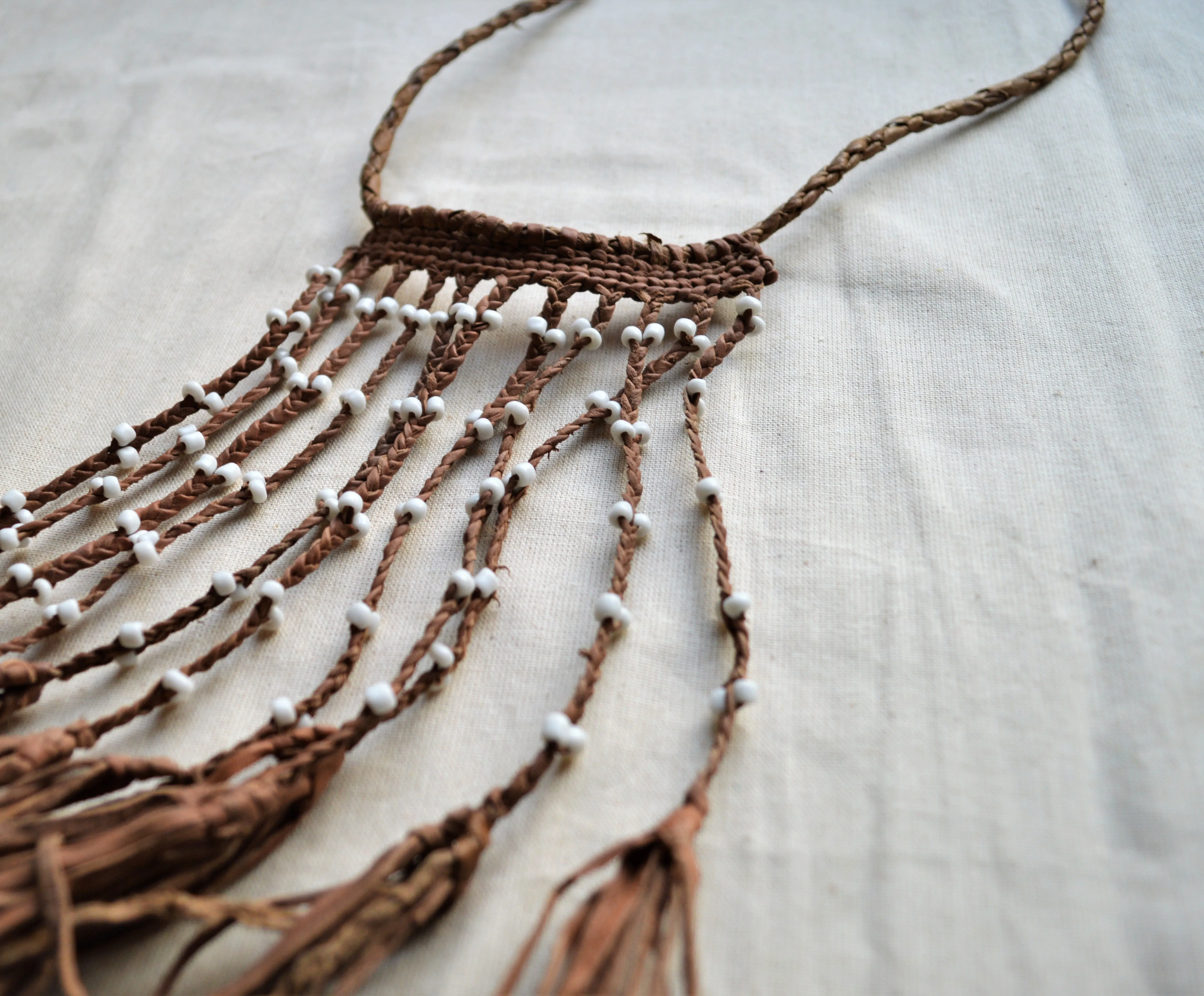 Egyptian leather necklace with white beads