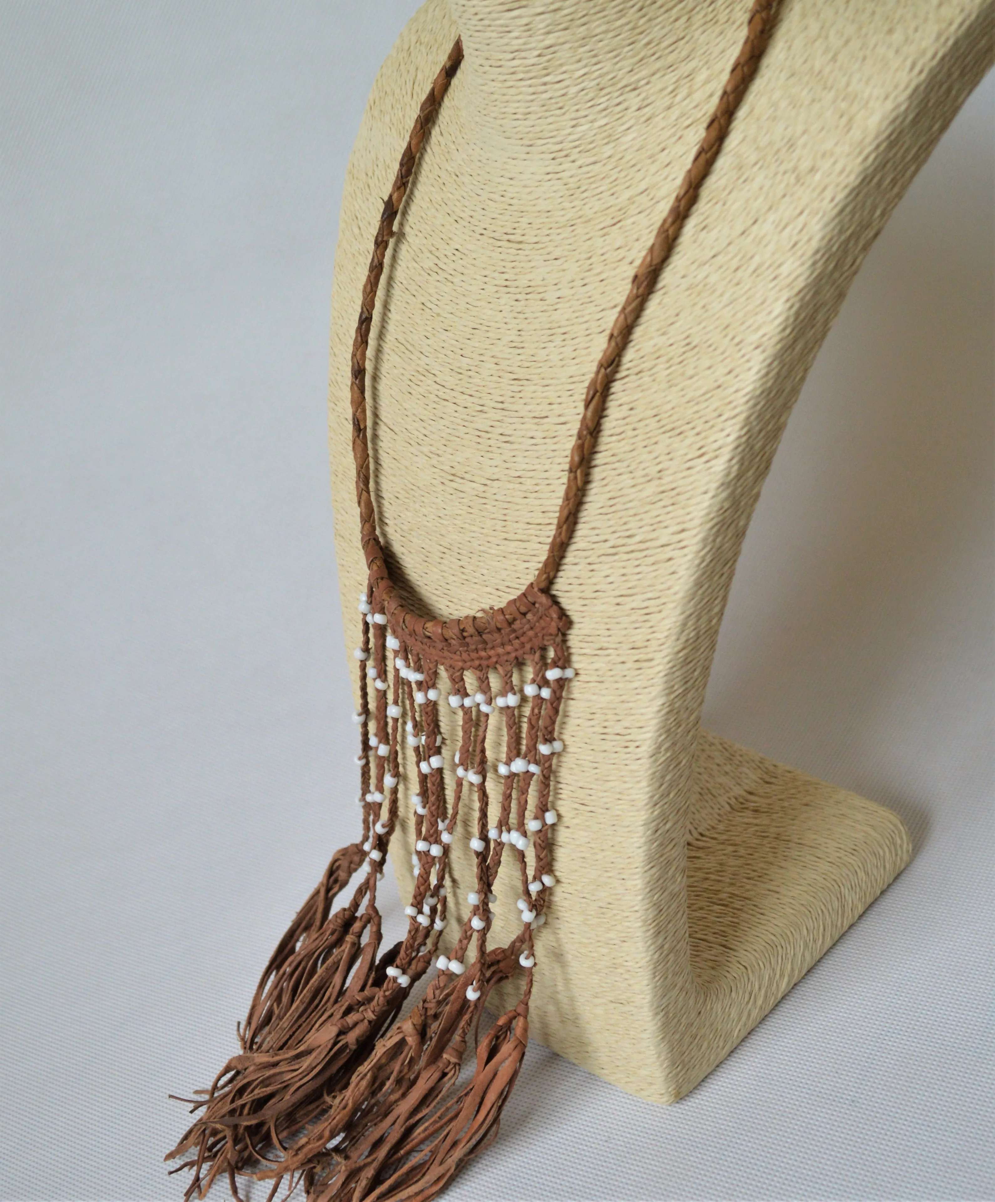 Egyptian leather necklace with white beads