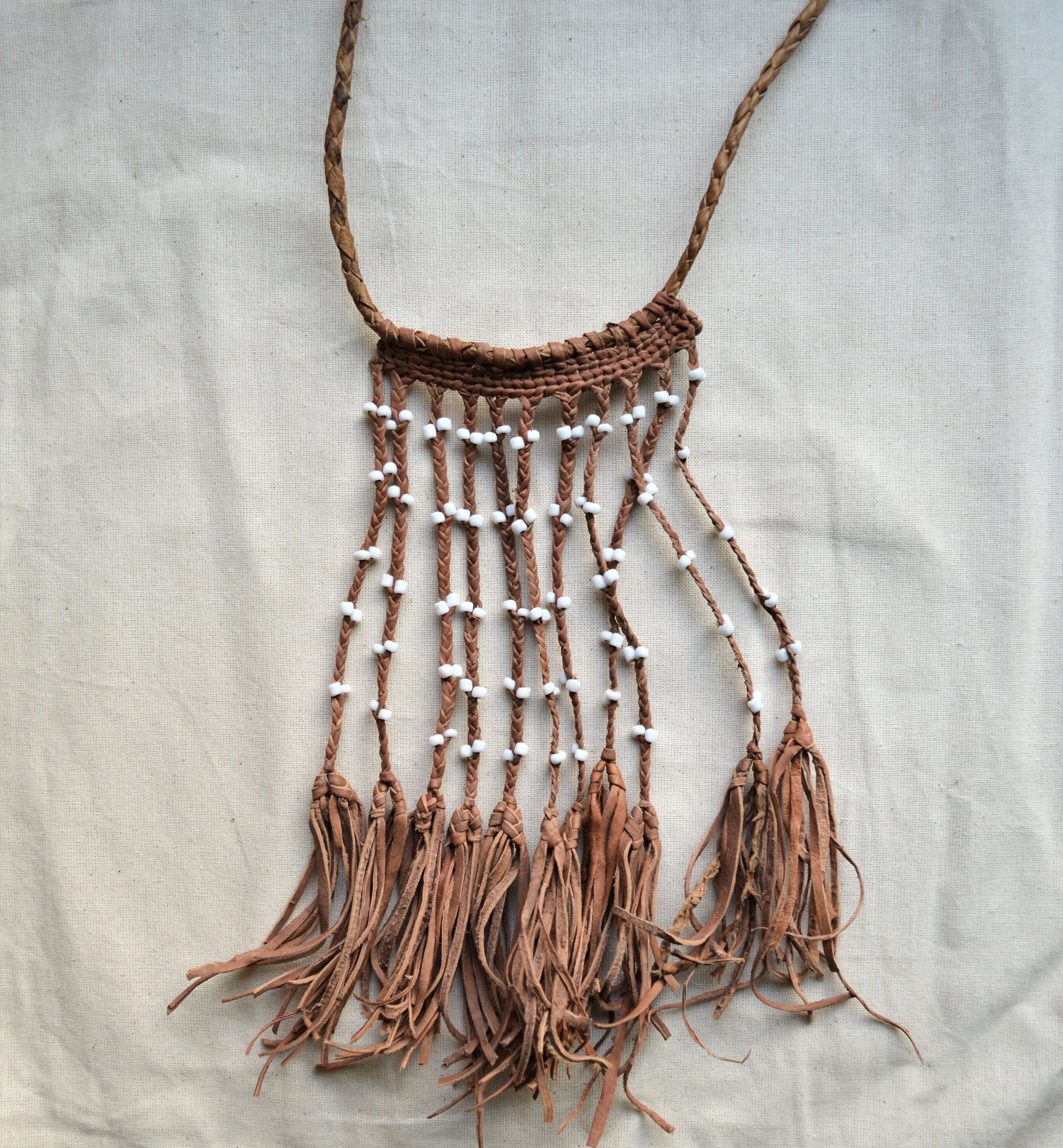 Egyptian leather necklace with white beads