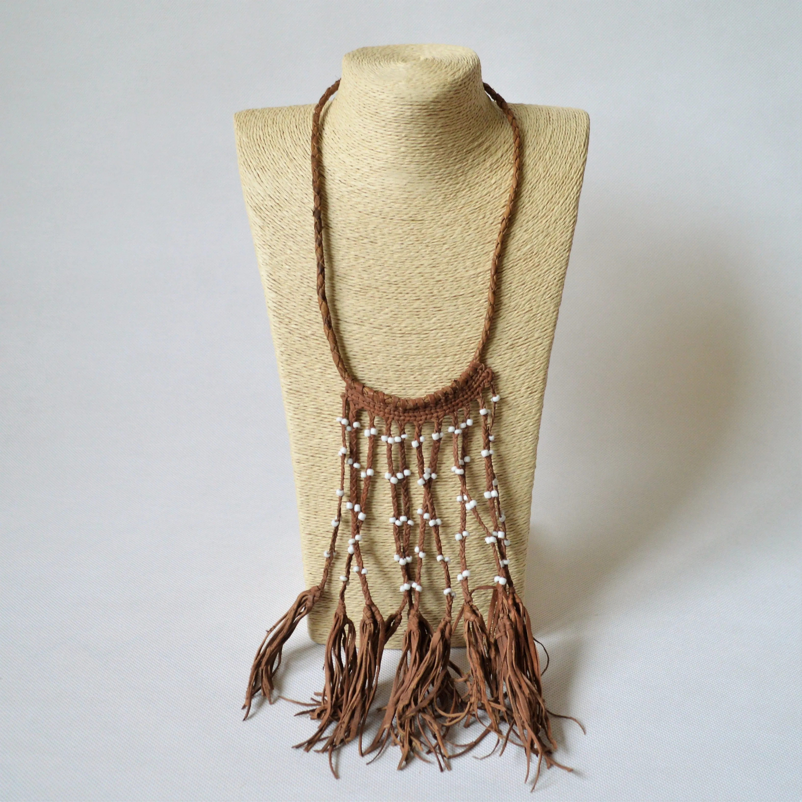 Egyptian leather necklace with white beads