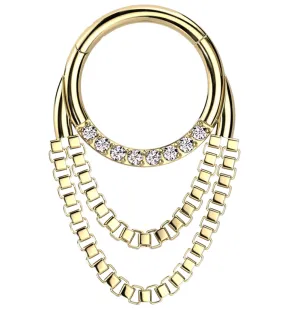 Gold PVD Clear CZ Double Dangle Chain Titanium Hinged Segment Ring