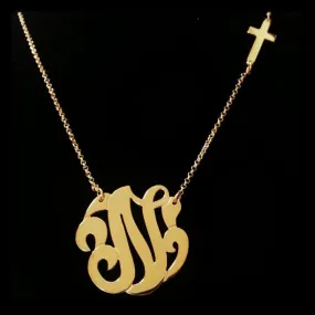 Gold Swirly Initial and Sideways Cross Necklace