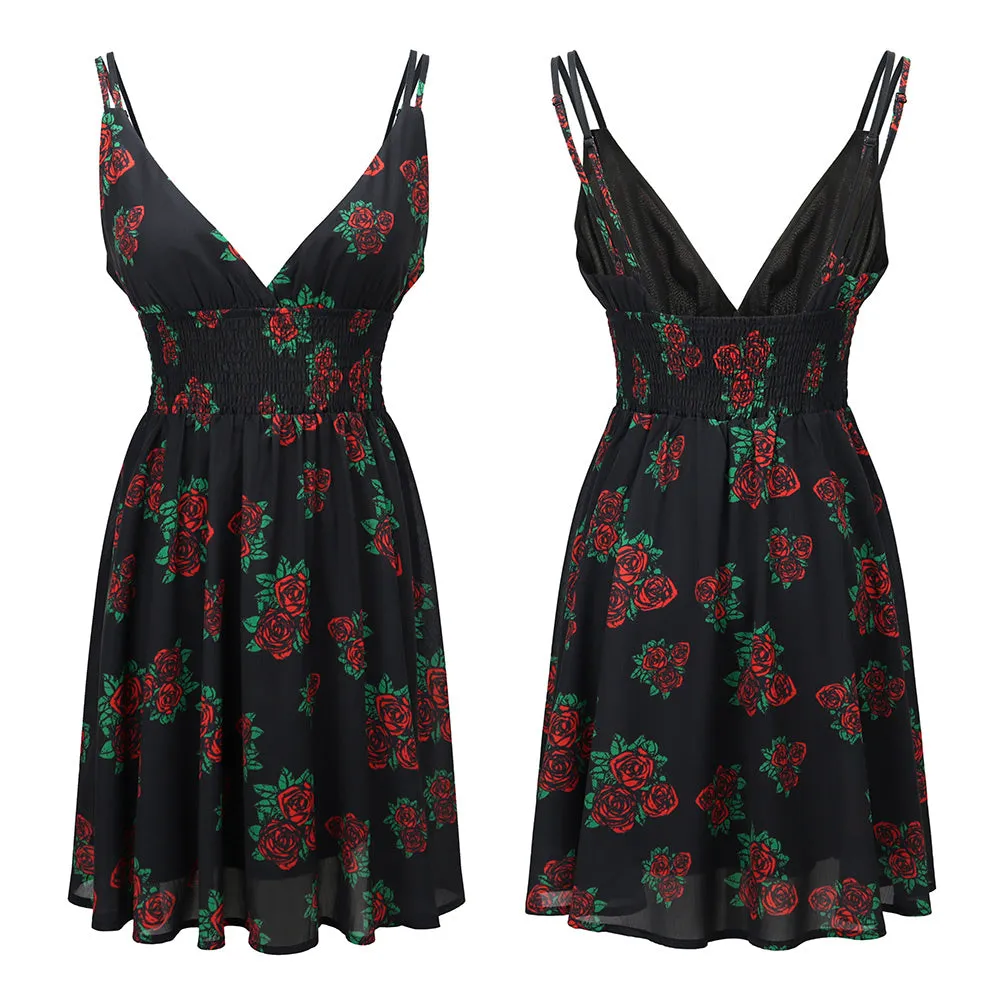 Grateful Dead | V-Neck Mini Dress | Black & Roses