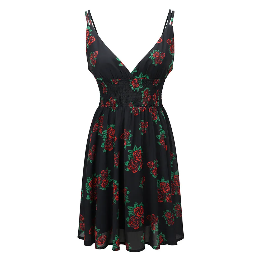 Grateful Dead | V-Neck Mini Dress | Black & Roses