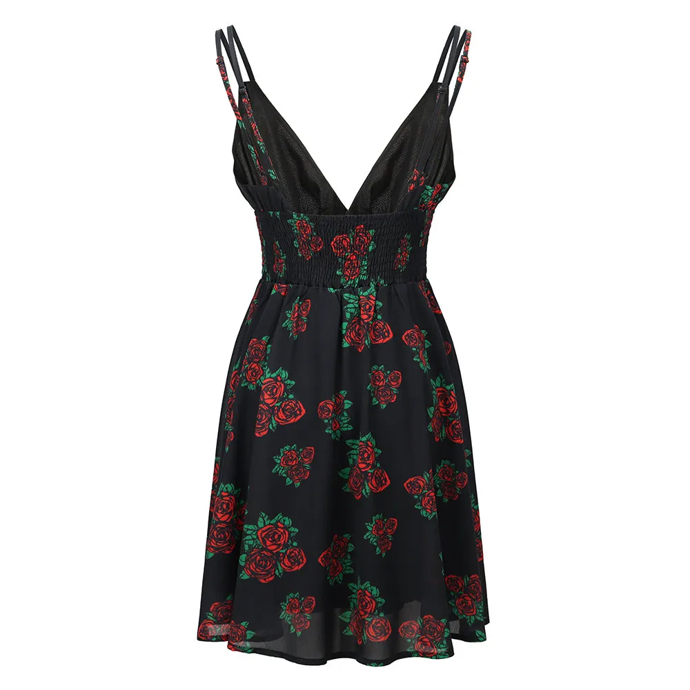 Grateful Dead | V-Neck Mini Dress | Black & Roses