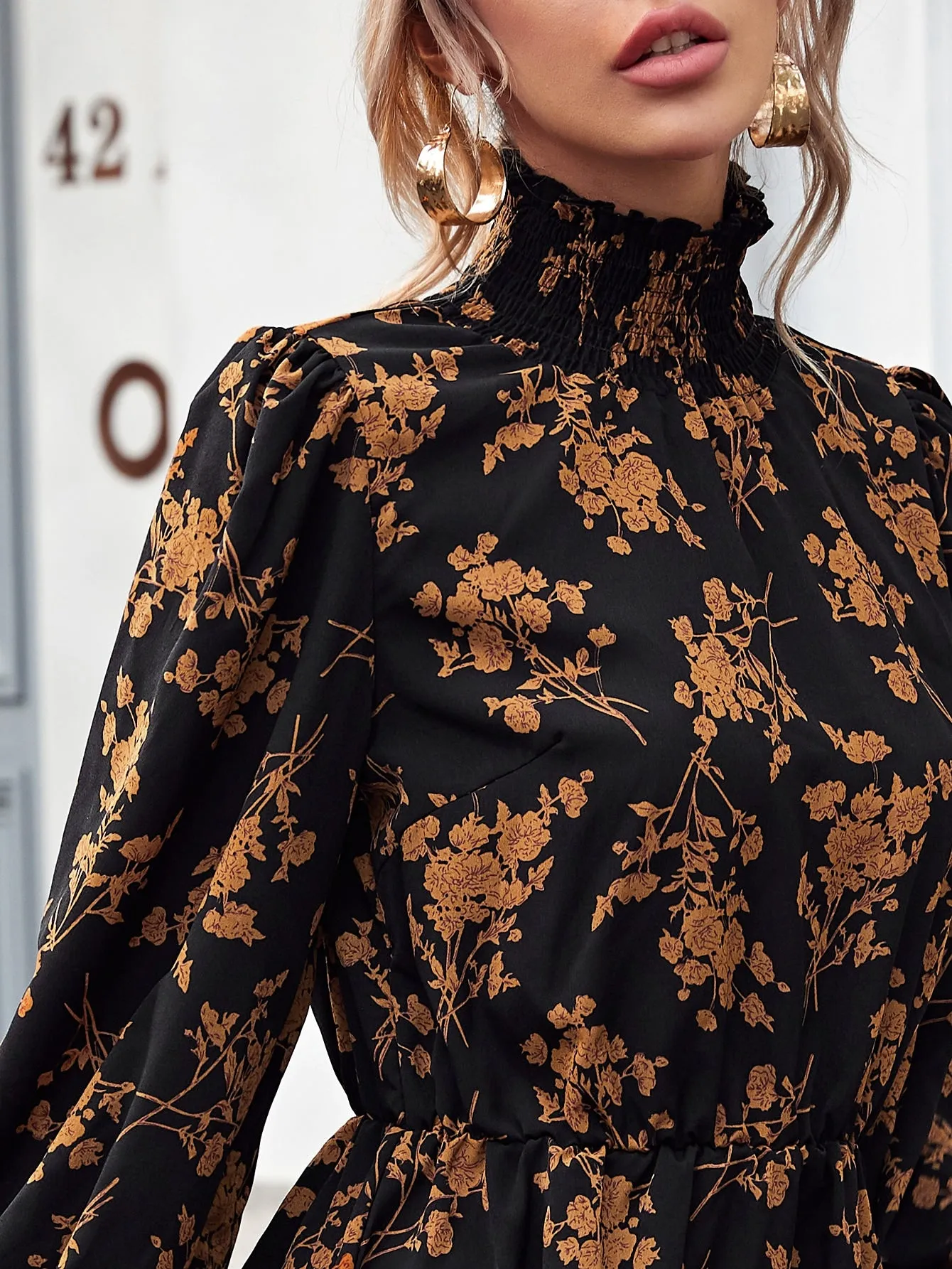 High Neck Flounce Sleeve Floral Dress