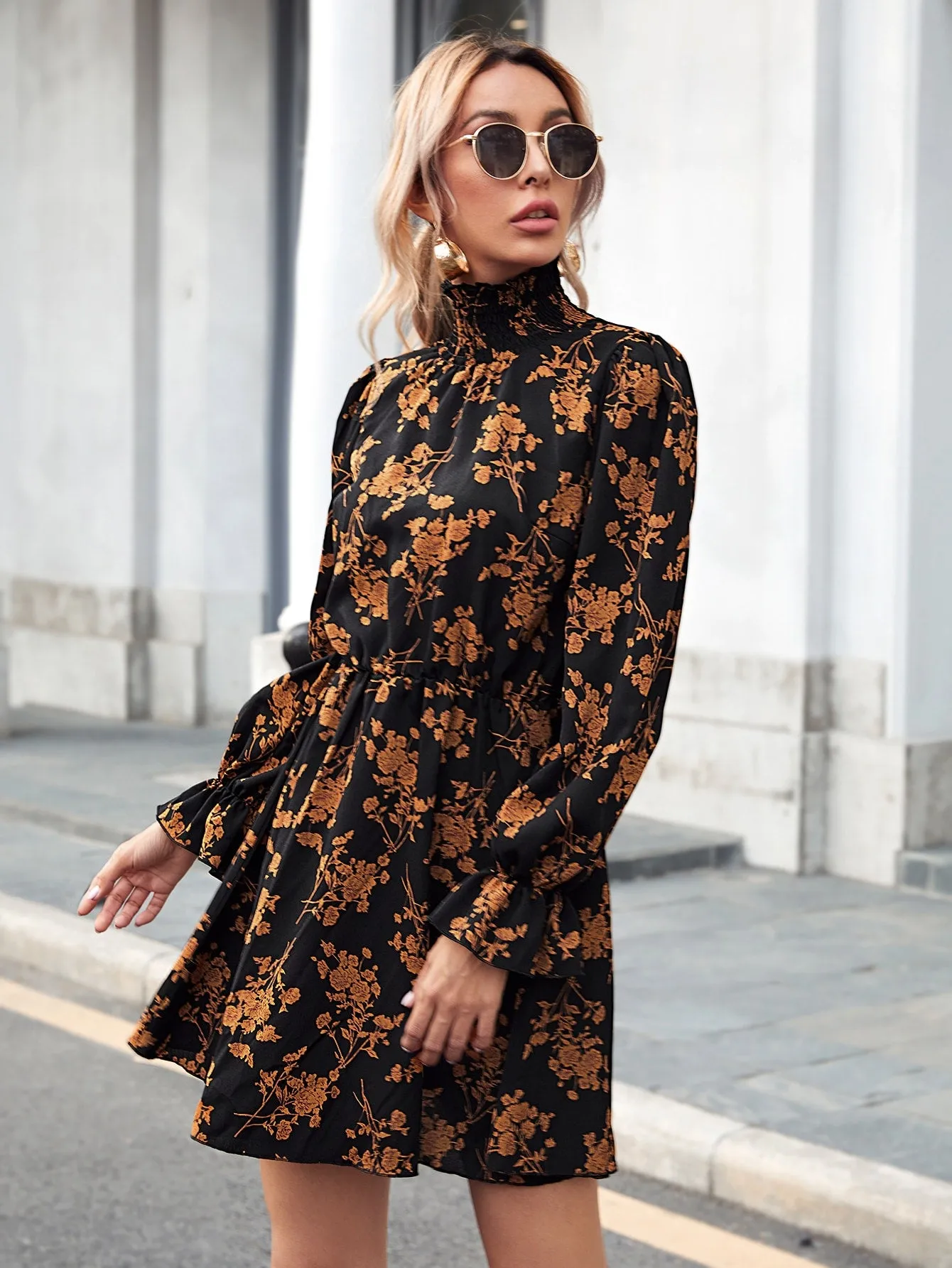 High Neck Flounce Sleeve Floral Dress