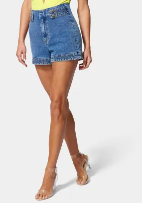 High Waist Trapunto Stitch Tab Denim Short