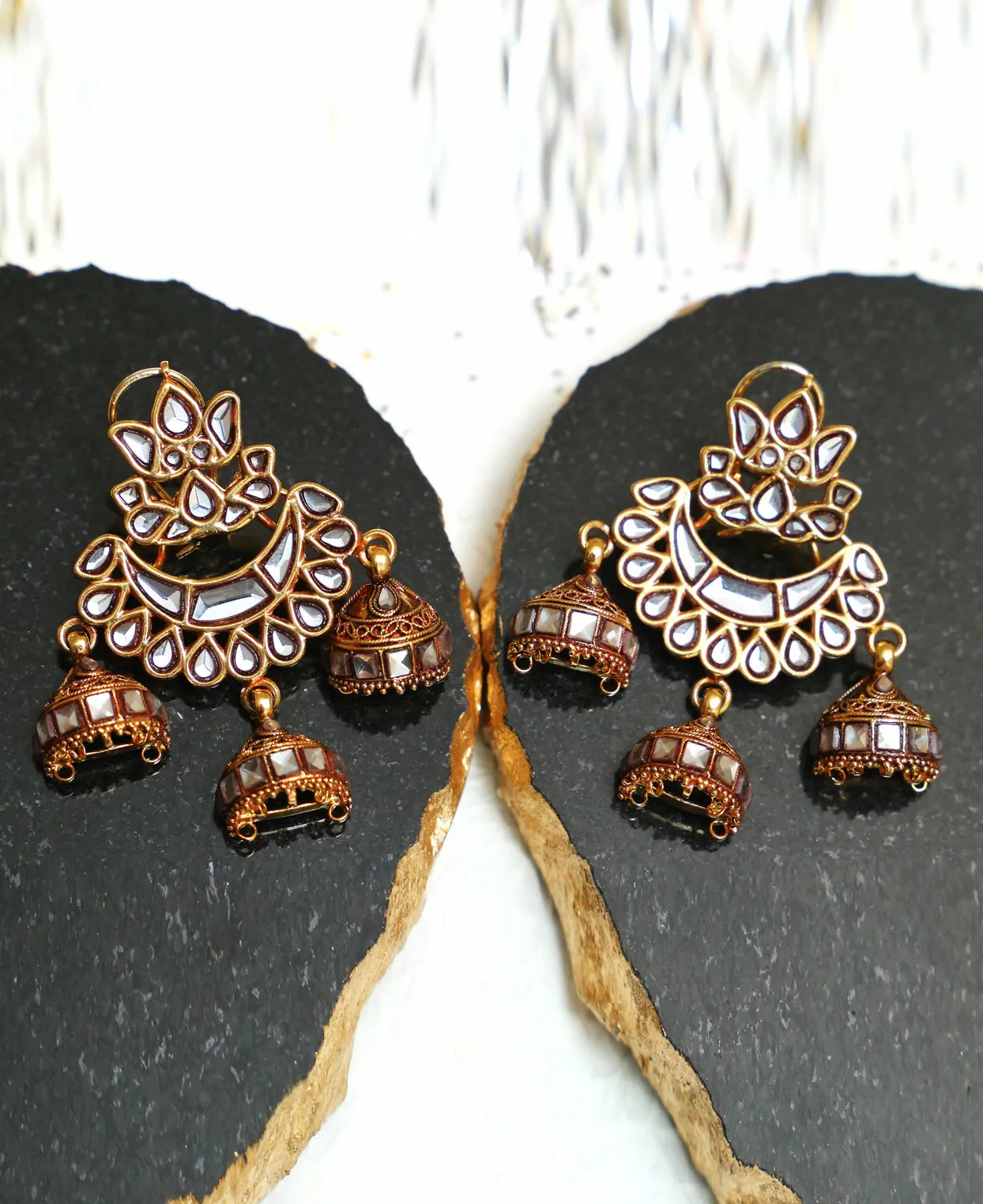 Kundan tri Jhumka Earrings