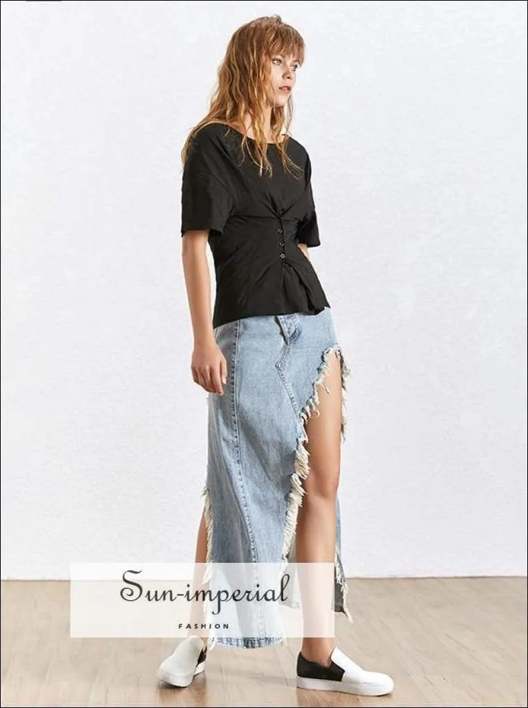 Leona Skirt - Denim Women's Skirt High Waist Split Asymmetrical Maxi Skirt