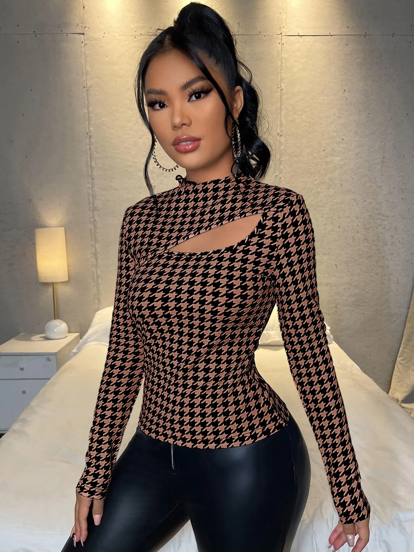 Mock Neck Houndstooth Cut Out Top