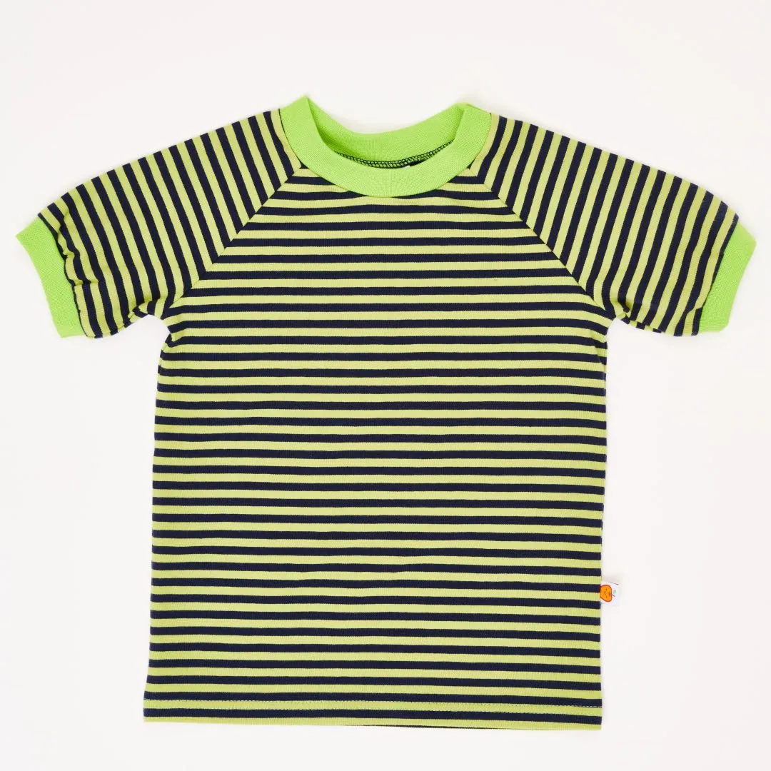 Organic cotton boys t-shirt "Lime-Petrol Stripes" made from 95% organic cotton and 5% elasthane