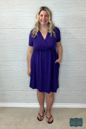 Orlena Faux Wrap Dress with Pockets- Purple