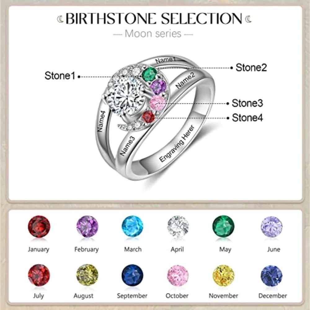 Personalized 4 Names And Birthstones Moon Rings